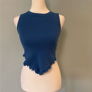 Kendall Lane Blue Knit Ribbed Tank with high neckline fringe pointed hem